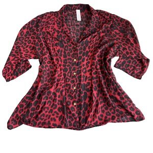 Womens 3X Lightweight blouse Red Black Leopard Print Button Down Shirt Top